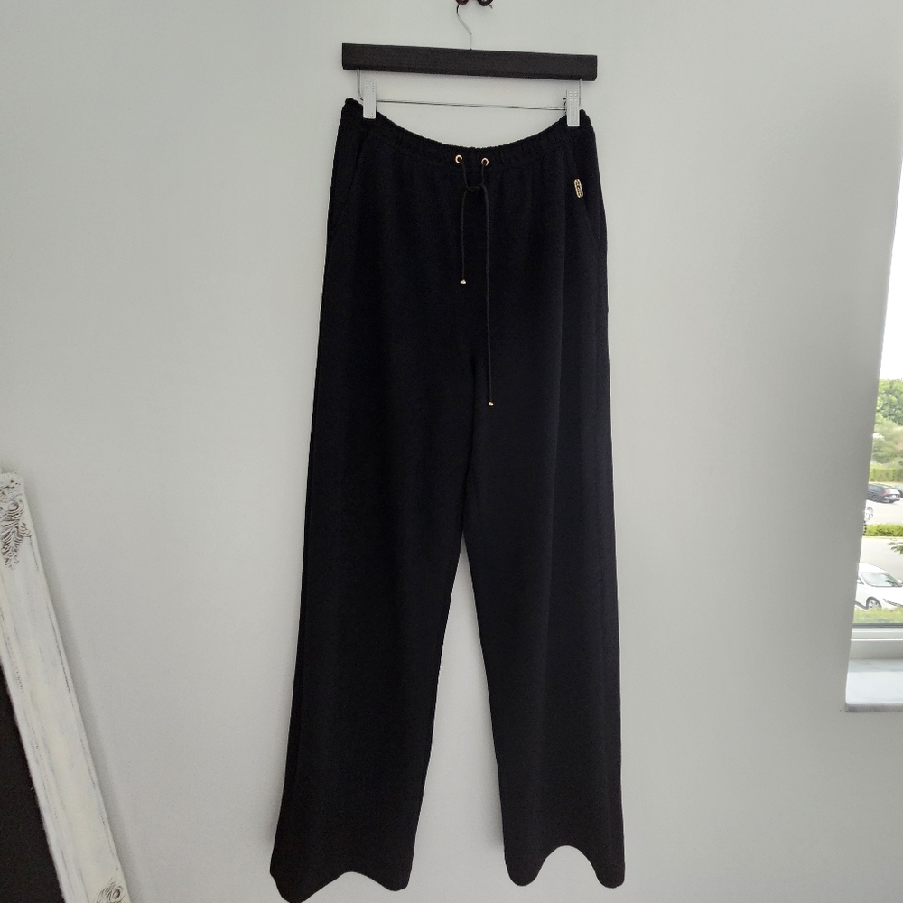 St.John Sport Knit Black Drawstring Santana Drawstring Wide Leg Pants - Picture 5 of 14